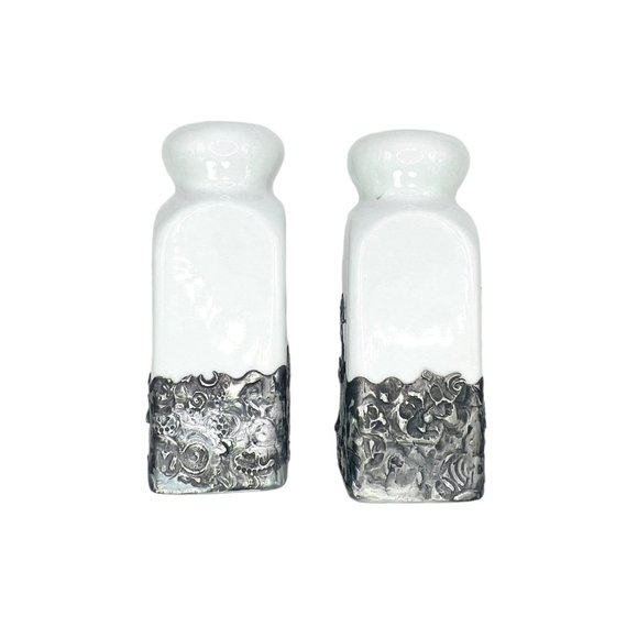 Artisan Ceramic Salt & Pepper Shakers Upcycled with Silver Blend Boho Metalwork - Picture 7 of 11